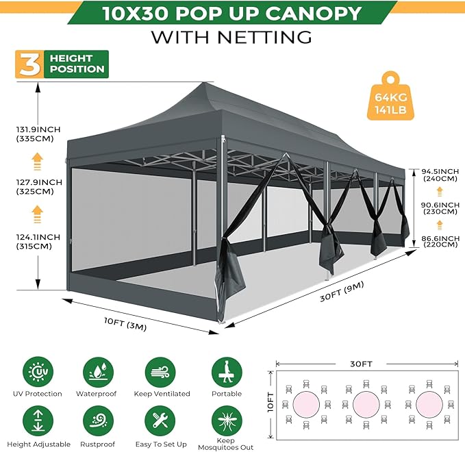 COBIZI 10x30 Heavy Duty Pop Up Canopy with 8 Sidewalls, Easy Set Up Outdoor Waterproof Screen Commercial Party Tent with Mosquito Netting for Parties Backyard Patio, Roller Bag, Gray