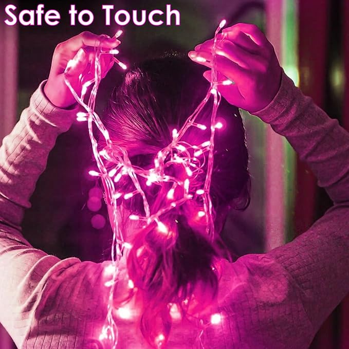 Upgraded Connectable 200 LED String Lights Indoor Outdoor, 66FT Pink Christmas Lights Waterproof, 13 Modes Twinkle Fairy Lights Plug in Clear Wire for Valentine's Day, Bedroom, Classroom Decor