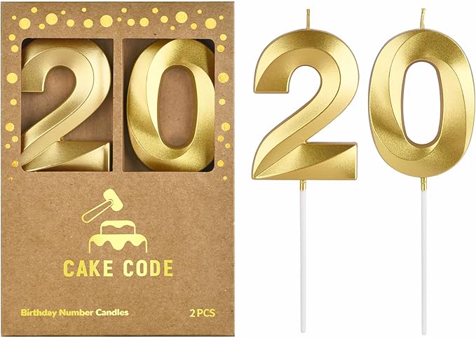 2.76 Inch Diamond Gold 20 Number Birthday Candles, Gold and Cake Number Candles for Party Celebration