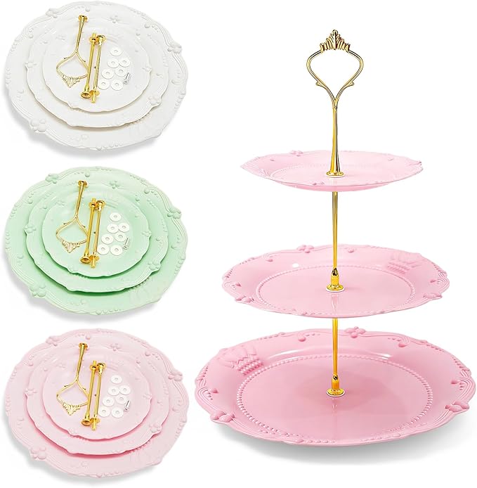 Nexboraque 3 Pack 3 Tier Plastic Cupcake Stand, Dessert Cup Cake Holder Tower Reusable Tiered Serving Tray with Metal Rod Pastry Platter for Wedding, Birthday, Tea Party - White Green Pink