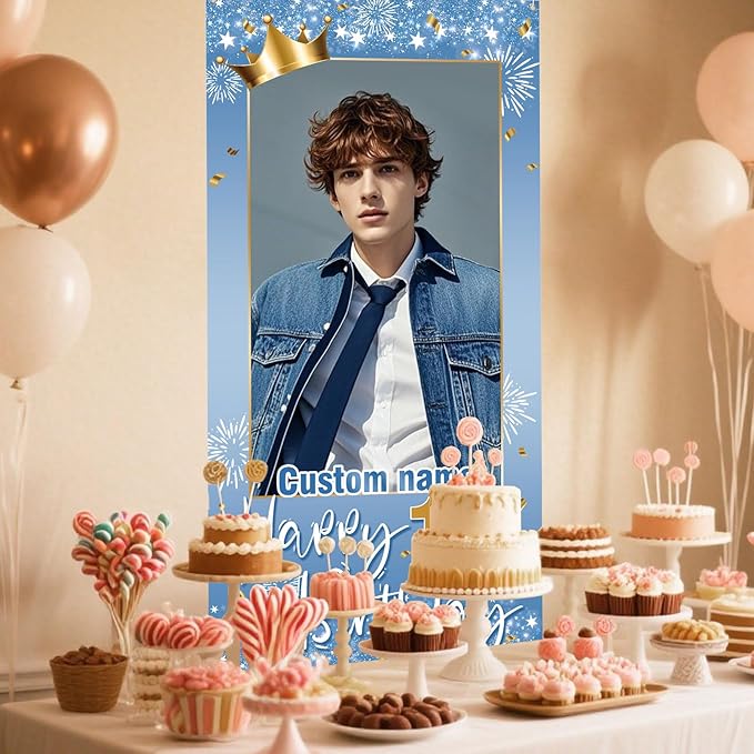 Personalized Happy Birthday Door Banner with Photo Custom Name Birthday Decorations Party Supplies for Women Men (Blue and Gold)