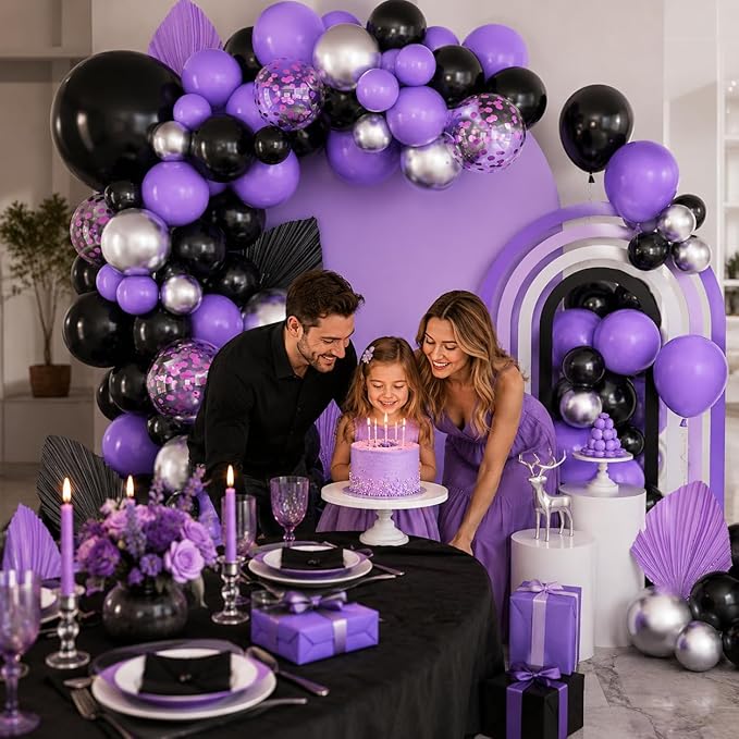 Black Purple Balloons Arch Kit,BTZO Metallic Silver Purple Confetti Balloon for Birthday Wedding Bridal Shower Graduations Party Decorations
