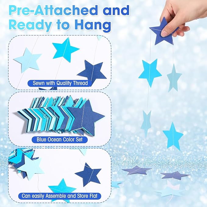 Patelai Glitter Star Garland Banner 2026 Graduation Decor 130 Feet Star Hanging Banner Twinkle Backdrop for Party Birthday Classroom Wedding Supplies(Ocean Blue)