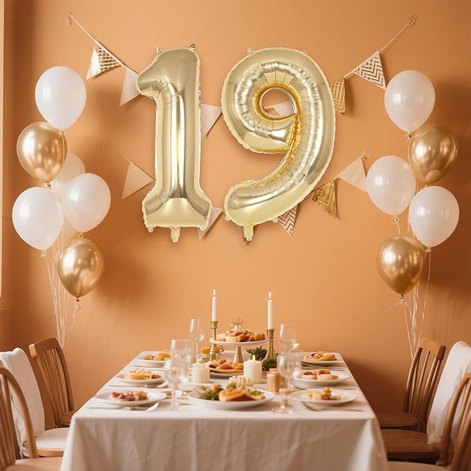 Champagne Gold Large Number 19 Balloon, 40 Inch Light Gold Foil Helium Number Balloons, Giant Mylar Number 19 Balloons for 19 Years Old Birthday Party Anniversary Decorations (Champagne Gold 19)
