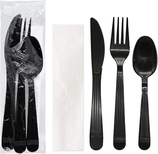 Party Essentials Individually Wrapped Heavy Duty Plastic Utensil Kits, 50 Sets for Party Catering, Fork/Spoon/Knife/Napkin, Black