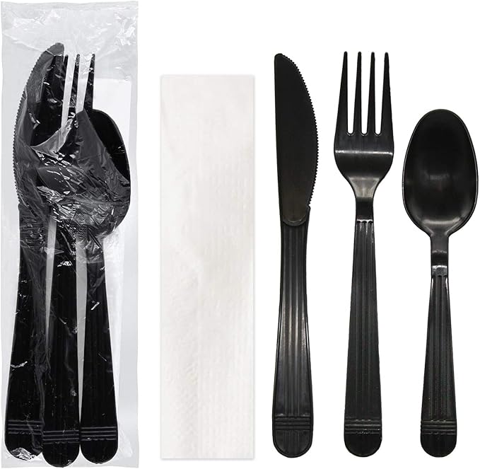 Party Essentials Individually Wrapped Black Plastic Cutlery Packets/Heavy Duty Silverware Kits, Fork/Spoon/Knife/Napkin, 100 Sets
