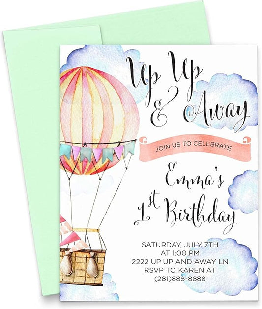 1st Birthday Invites for Girls, Hot Air Balloon Birthday Invitations, Up Up and Away Balloon Invitations Birthday, Adventure Awaits Birthday Invites, Your choice of Quantity, Age Info + Envelope Color