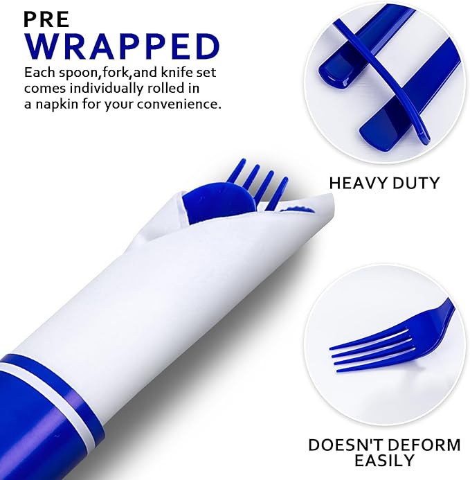 400PCS Pre Rolled Blue Plastic Silverware Sets - Heavy Duty Blue Cutlery - Include 100 Pack Wrapped Disposable Utensils with Napkins for Parties & Dinners & Weddings & Graduation