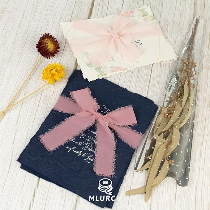 Pink Chiffon Ribbon 1 Inch x 21Yds Handmade Fringe Chiffon Silk Ribbon Dusty Rose/Blush/Pink Frayed Chiffon Ribbon for Wedding Invitation Flower Bouquets Gift Wrapping Bridal Shower Baby Shower