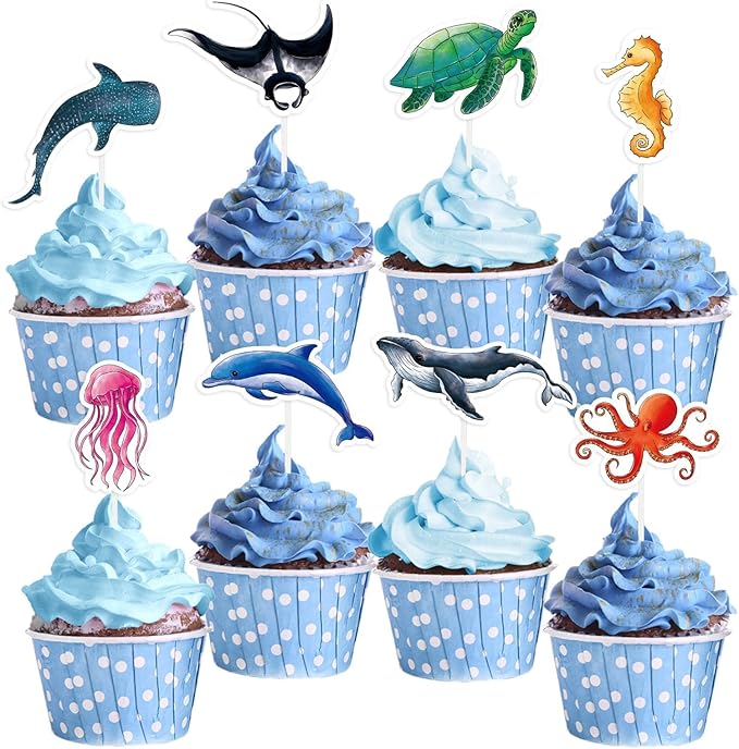WERNNSAI 32 PCS Ocean Cupcake Toppers - Shark Birthday Party Decorations Under The Sea Cake Toppers Summer Dolphin Ocean Animal Cake Decors for Kids Ocean Baby Shower Party Supplies