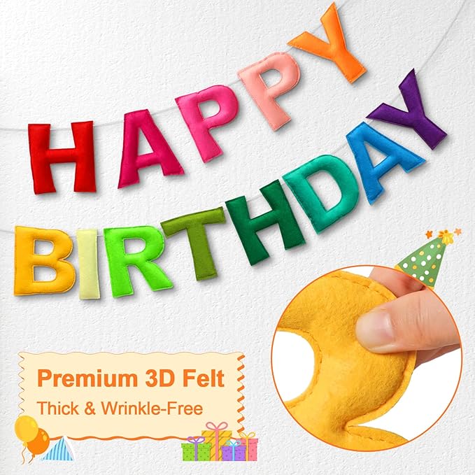 Pre-Strung Happy Birthday Banner & Felt Garland Set - Colorful Birthday Decorations for Women Men Boys Girls | Reusable Party Supplies for Indoor & Outdoor