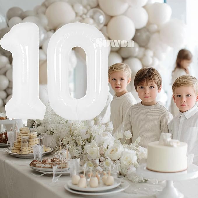 SUWEN 40 Inch White Large 10 Balloon Number Big Foil Helium Number Balloons 0-9 Giant Jumbo Happy 10th Birthday Party Decorations for Boy or Girl Huge Mylar Anniversary Party Supplies