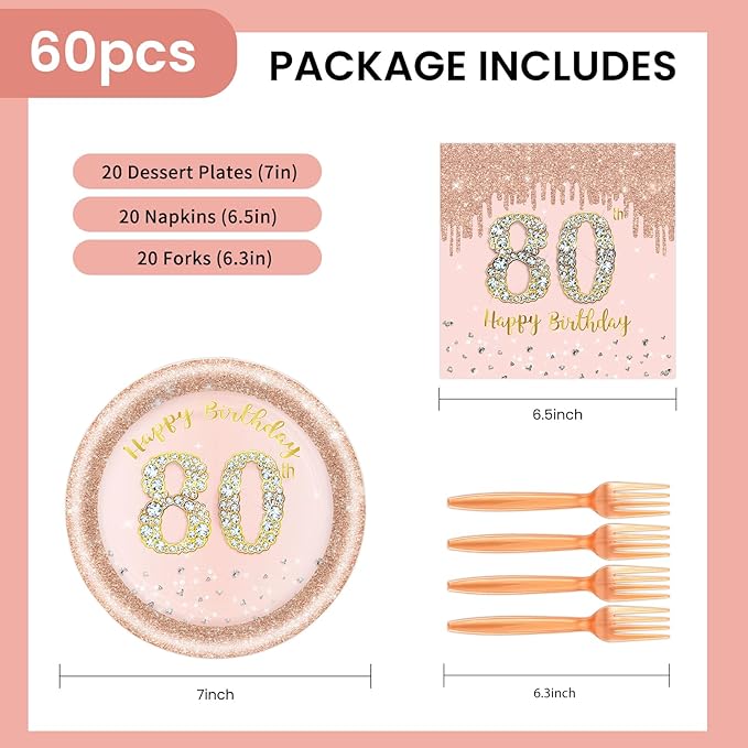 60 PCS 80th Birthday Decorations for Women, 80th Birthday Plates and Napkins Rose Gold Disposable Tableware Set Party Supplies for Women Cheers to 80 Years Anniversary (80TH)