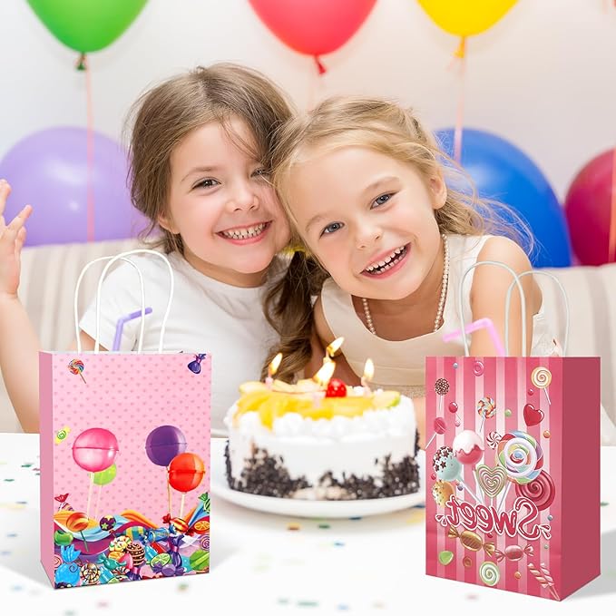 20Pcs Candyland Goodie Bags with Handles, Candy Party Favors Bags, Lollipop Paper Gift Bags, Sweet Candy Party Treat Gift Bags for Kids Birthday Baby Shower Wedding Party Supplies