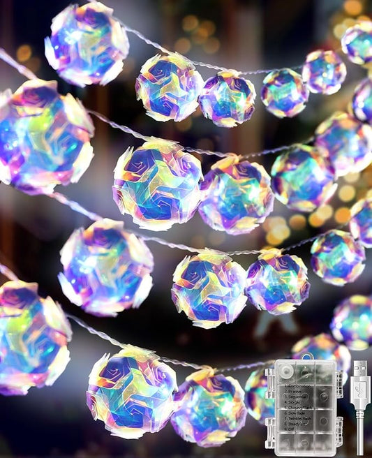 AceList 50 LED Holographic Iridescent String Lights, 16.4Ft Enchanting Disco Ball String Lights– USB&Battery Powered Fairy Lights Iridescent Party Decorations for Home, Classroom, Birthday, Christmas