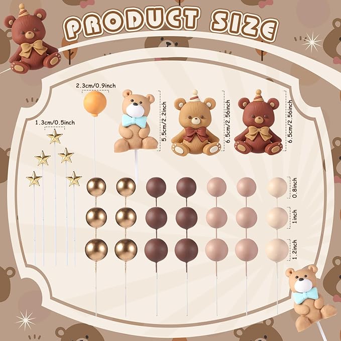 Beeveer 42 Pcs Bear Balls Cake Toppers Bear Cake Decorations Brown Candle Decorations Supplies for Birthday Party Wedding Baby Shower