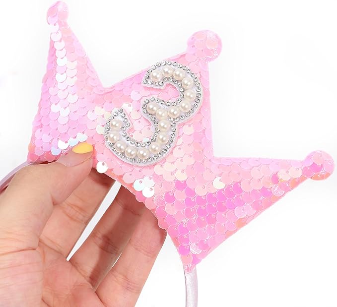 One Pc Pink 3rd Birthday Crown Headband - Pink Glitter Third Birthday Party Hair Accessories, Pearl Birthday Crown Headband