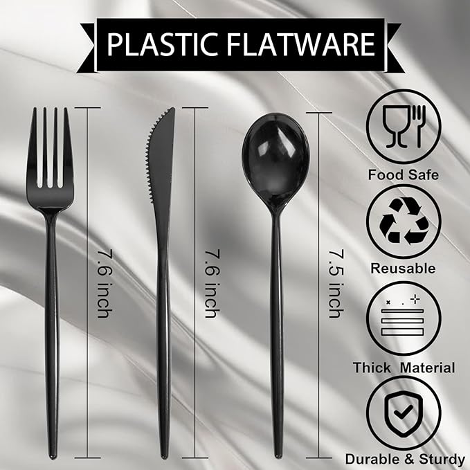 Supernal 360pcs Black Plastic Silverware,Heavy Duty Black Plastic Utensils, Disposable Cutlery Set Includes Disposable Knives,Forks and Spoons Silverware Set for Parties,Weddings & Birthday