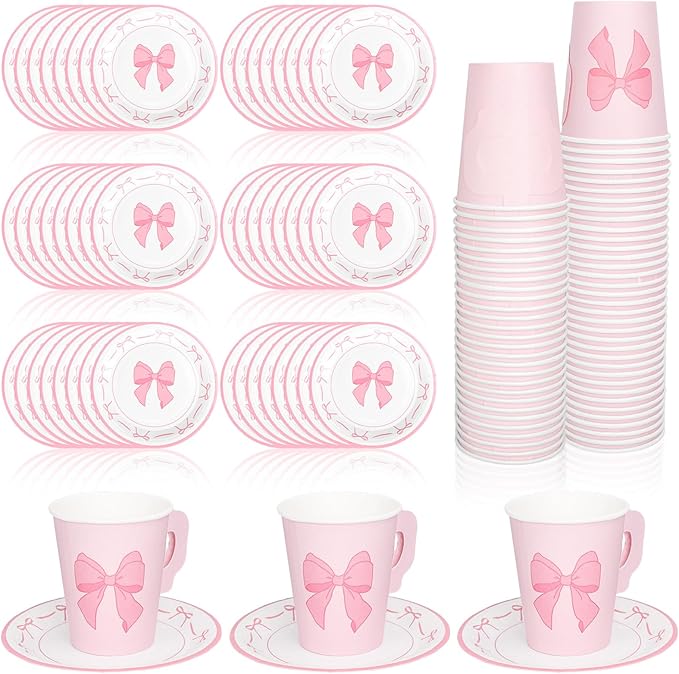 Whaline 80 Pcs Tea Party Supplies 9oz Pink Bow Paper Tea Cups and Saucers Coquette Bowknot Disposable Teacups with Handle and Dessert Plates for Wedding Birthday Baby Shower Bachelorette Tea Party