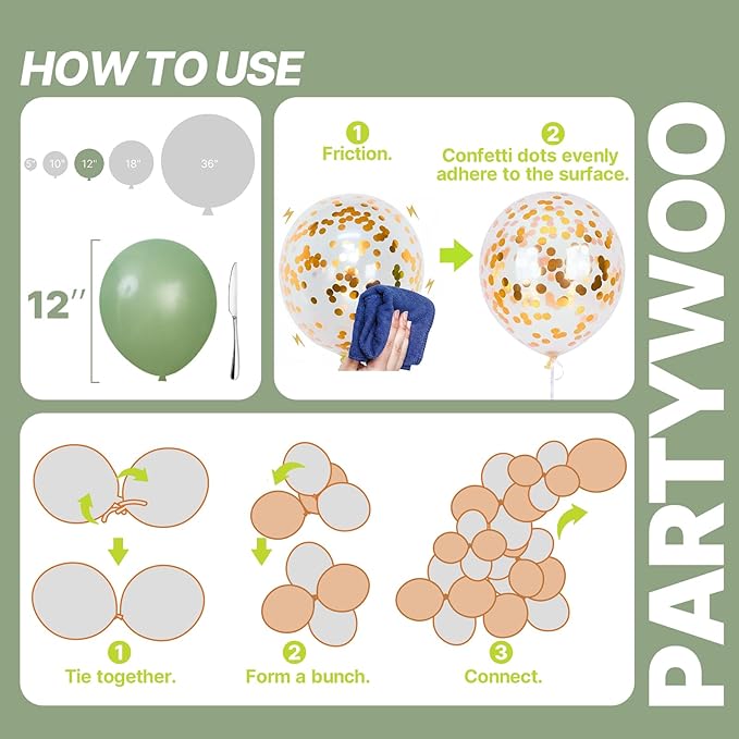 PartyWoo Sage Green Balloons 66pcs 12 Inch Metallic Gold Sand White Light Brown Gold Confetti Balloons for Baby Shower Wedding Engagement Jungle Woodland Forest Birthday Party Decorations