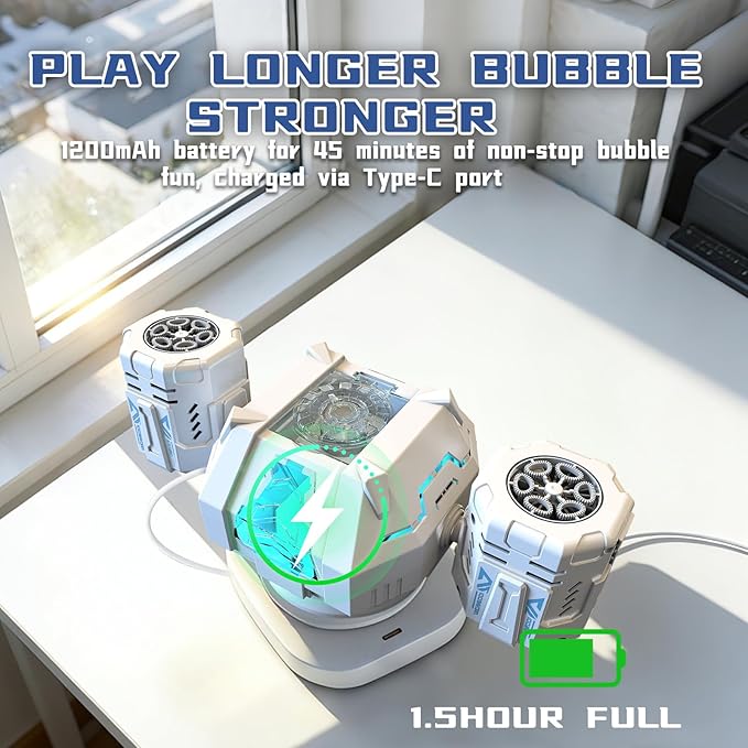 Rechargeable Dual-Nozzle Bubble Machine, 360° Auto Rotation Bubble Blower with Remote Control & RGB Lights, 30k Bubbles/Min, USB-C Bubble Maker for Kids Toddlers Parties Wedding Outdoor Birthday Gift