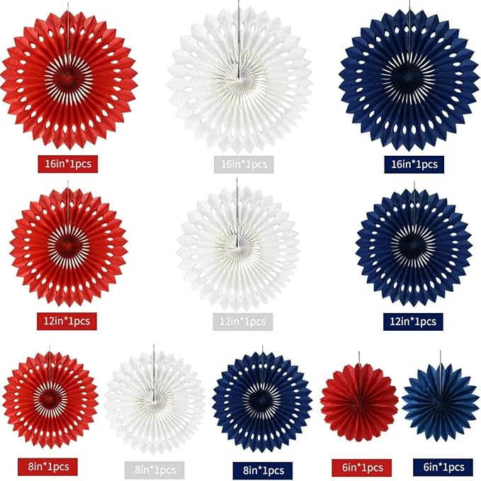 Red White Blue Hanging Honeycomb Round Paper Fans Decoration Patriotic Theme Tissue Paper Fan Garland for Shower Birthday Graduation Wedding Party Supplies 11 Count