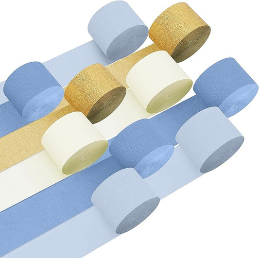 Kisston 10 Rolls Crepe Paper Streamers 820 Ft, Blue Light Blue White Gold Crepe Paper Decorations for Wedding Ceremony Birthday Party