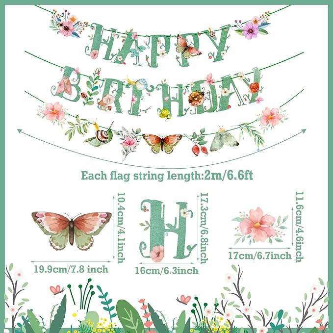 SUNBEAUTY Wildflower Happy Birthday Banner Sage Green Floral Flower Party Decorations Butterfly Flower Banner Summer Spring Butterfly Birthday for Women Girl Baby Shower Garden Tea Party Supplies | Pre-Strung