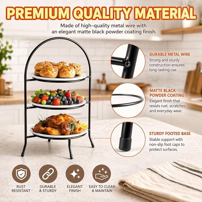 Creative Home Iron Works 3-Tier Metal Dinner Plate Rack Cake Stand Dessert Cupcake Tea Party Serving Platter Stand for Home Gathering Wedding Party, 10.4" L x 12.9" W x 20" H, for 10 Inch Plate Only