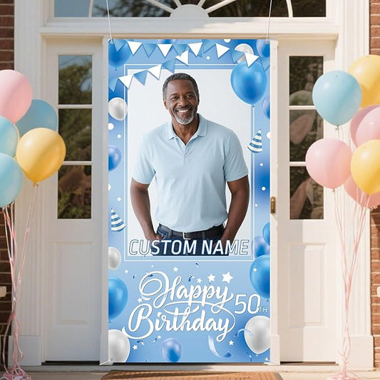 Dicodes Personalized Happy Birthday Door Banner Custom Photo Birthday Photography Background Decorations Party Supplies for Women Men (Blue White)