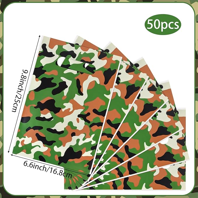 Hxezoc 50 Pieces Camo Party Bags Plastic Camo Bags Practical Gift Bags Military Party Favors for Army Theme Birthday Party Decoration Supplies