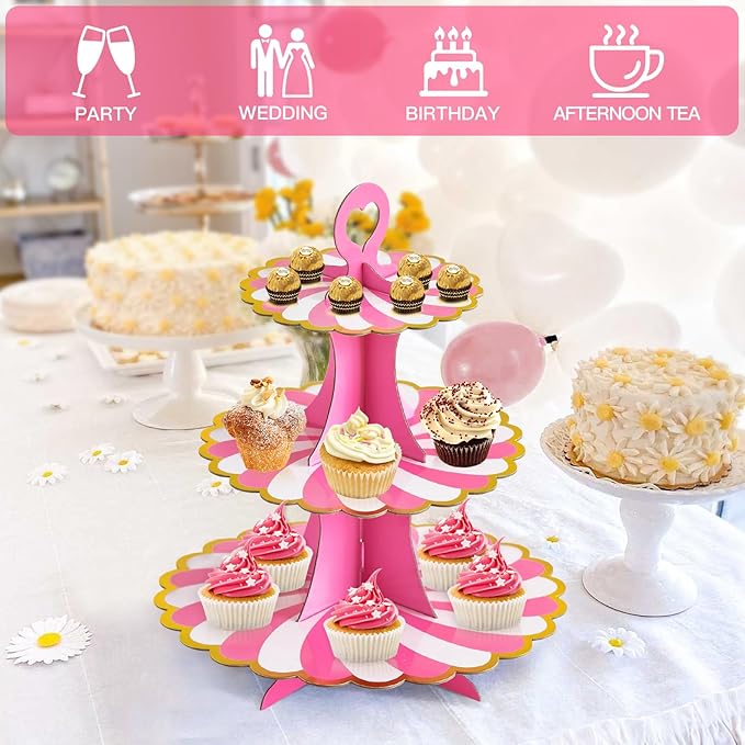 Soleebee 3-Tier Cupcake Stand, Cardboard Cupcake Tower, Dessert Cup Cake Stand Tower for Birthday Wedding Party Decoration, Cupcake Tier Stand 2 Set (Hot Pink Gold)