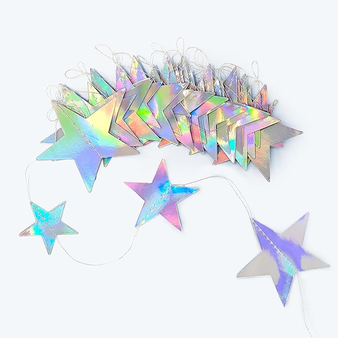 Cheerland 156ft Iridescent Star Garlands Space Party Decorations Hanging Stars Decoration Holographic Streamer Banner Backdrop Graduation Disco Galaxy Moon Euphoria Birthday Party Garland Star Decor