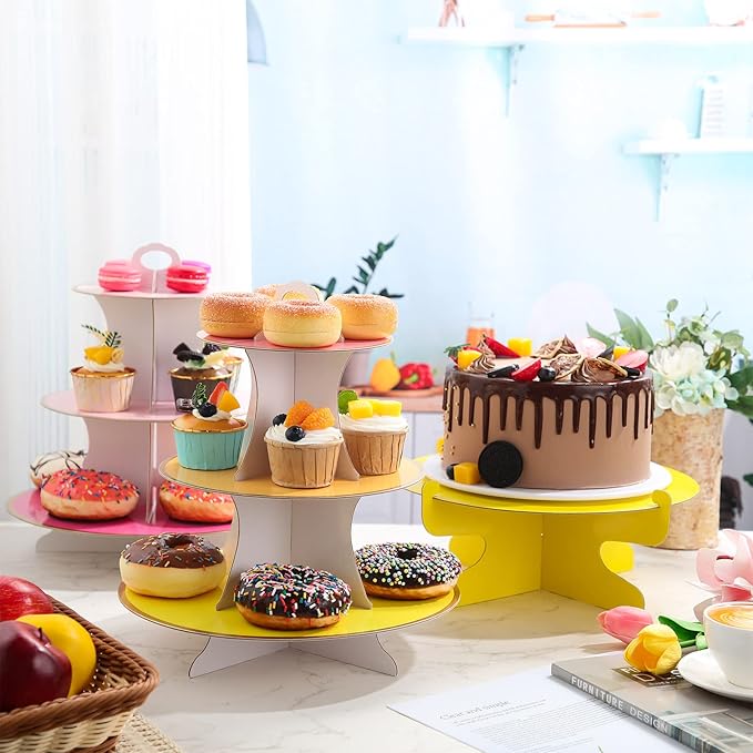 6 Pieces Colorful Cupcake Stand Set 3 Tier Cardboard Dessert Tower 1Tier Cupcake Display Stand Serving Cupcake Holder for Birthday All Themed Party Events Cake Display, Pink, Blue, Yellow