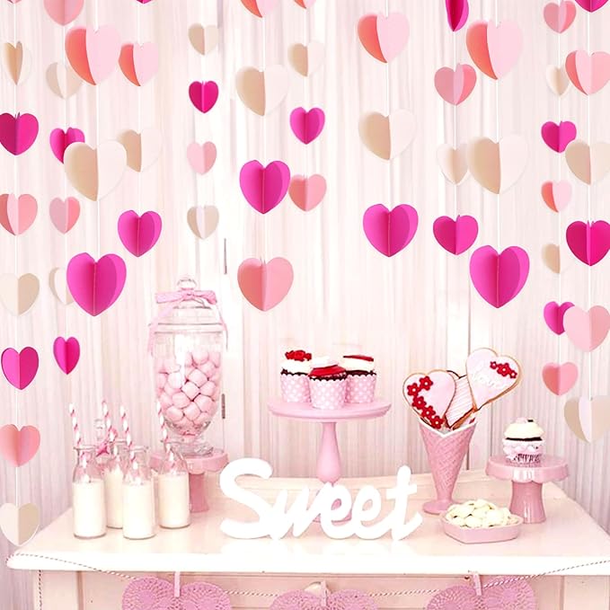 JijAcraft 120 Heart Garland Banner Hot Pink - Valentines Day Decorative 3D Paper Hanging Streamers for Engagement, Bachelorette, Home Decor, Wedding, Birthday Party