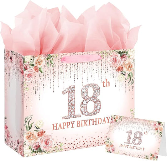 Laidans Sweet 18th Happy Birthday Gift Bag with Tissue Paper and Card for Girls Kids Party (Rose Gold) (18th)