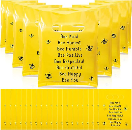 Coume 50 Sets Bee Bee Gift Bags End of The Year Gifts for Students 6 Colors Inspiration Quotes Plastic Party Favors Treat Goodie Bags with Handles Birthday Party Favor, 6" x 8"