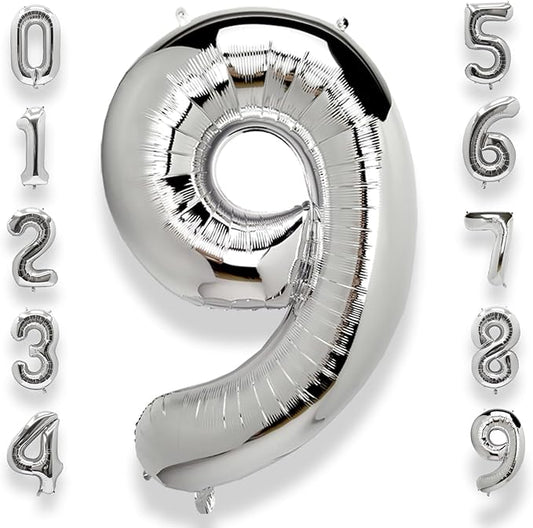 AULE 40 Inch Big Silver 9 Balloon Number Large Foil Helium Number Balloons 0-9 Jumbo Giant Happy 9th Birthday Party Decorations for Boy or Girl Huge Mylar Anniversary Party Supplies