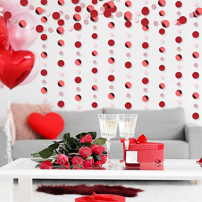 Outus 5 Pieces Red,Pink Round Dots Garland Graduation Party Hanging Decor Each Length 13.1ft Glitter Paper Dot Streamers for Birthday Wedding Classroom Supplies