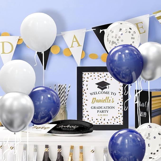 OuMuaMua 62pcs Silver Navy Blue Balloons Kit - 12 Inches Silver Blue Party Decoration Graduation Balloons for Baby Shower Birthday Wedding Graduation Party Decorations Supplies