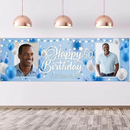 Dicodes Personalized Happy Birthday Banner with Name Custom Photos Birthday Photography Background Decorations Party Supplies for Women Men (Blue and White-2 Photo)