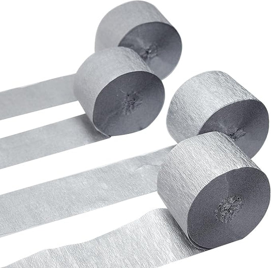 FOONEA Crepe Paper Streamers - 4 Rolls 328ft Silver Crepe Paper for Party, Wedding, Birthday & Baby Shower Decorations