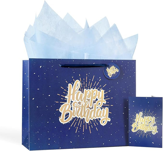 Powbrace 13" Blue Happy Birthday Gift Bag with Tissue Paper and Greeting Card for Party,Happy Birthday Gift Bag for Men Women, Gift Bags Medium size(1 PCS Blue)
