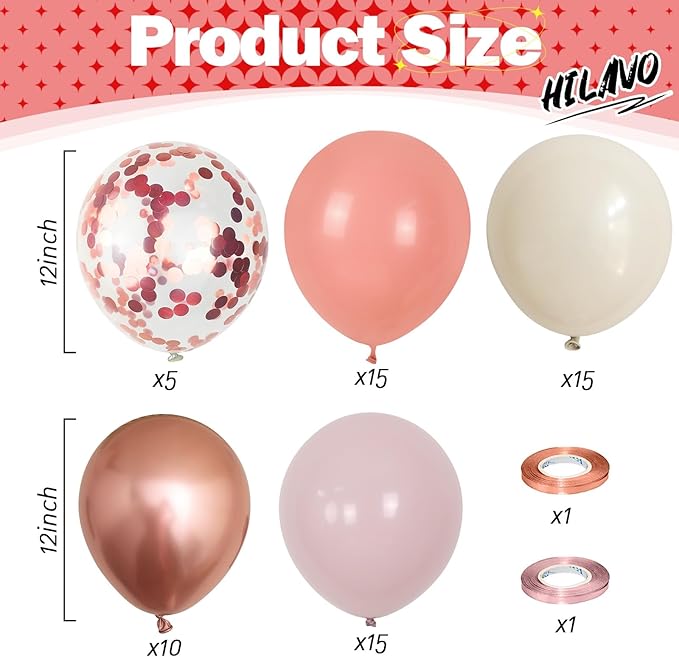 Dusty Pink Balloon Set, 60Pcs 12 Inch Retro Blush Pink White Sand Nude Latex Balloon with Metallic Confetti Rose Pink Helium Balloon for Girls Women Birthday Party Baby Shower Boho Decoration Supplies