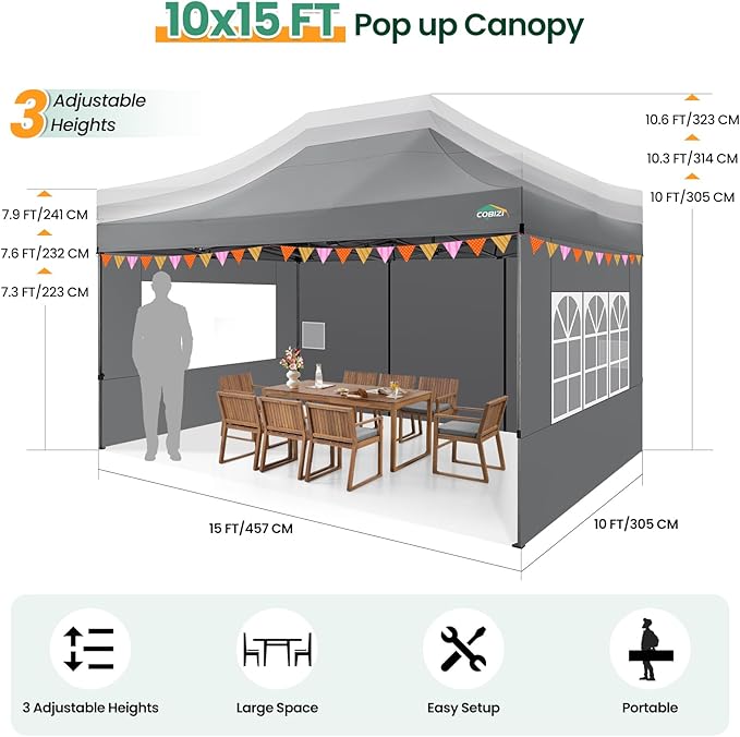 COBIZI 10x15 FT Heavy Duty Pop up Canopy with 4 Removable Sidewalls, Easy up Gazebo High Stability, All Weather Sunshade 100% Waterproof Outdoor Canopy Tents with Carry Bag, Gray