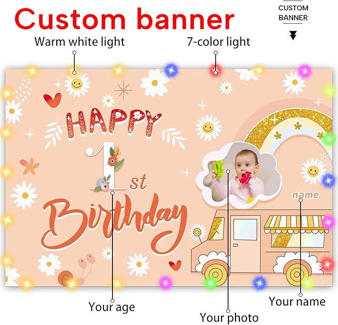 Dicodes Custom Groovy Hippie Happy Birthday Backdrop Retro Boho Girls Birthday Background Hippie Theme Daisy Floral Kids Happy Birthday Newborn Baby Party Decor Banner