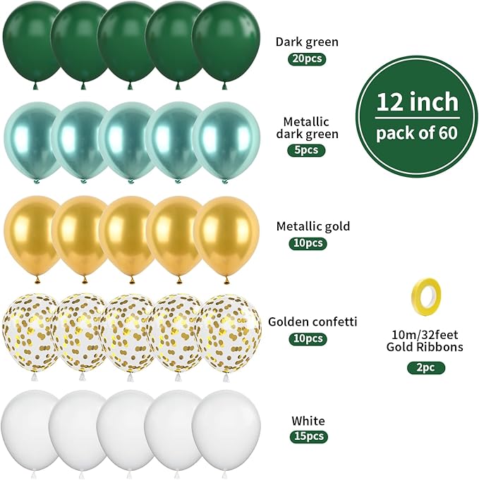 Green Gold Balloons Set, 60PCS Dark Green White Gold Balloons, 12Inch Metallic Green Gold Latex Balloons Gold Confetti Balloons Helium for Jungle Safari Birthday Wedding Baby Shower Party Decoration