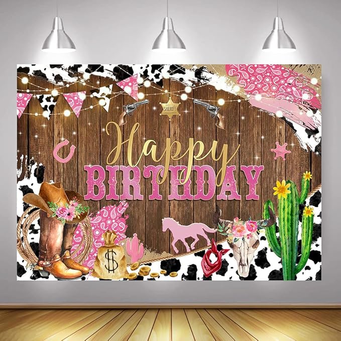Mocsicka Western Happy Birthday Backdrop Brown Wood Kids Birthday Party Decorations Banner Rustic Old West Rodeo Photography Background Cowboy Party Supplies (Pink, 10x8ft(120x96 inch))
