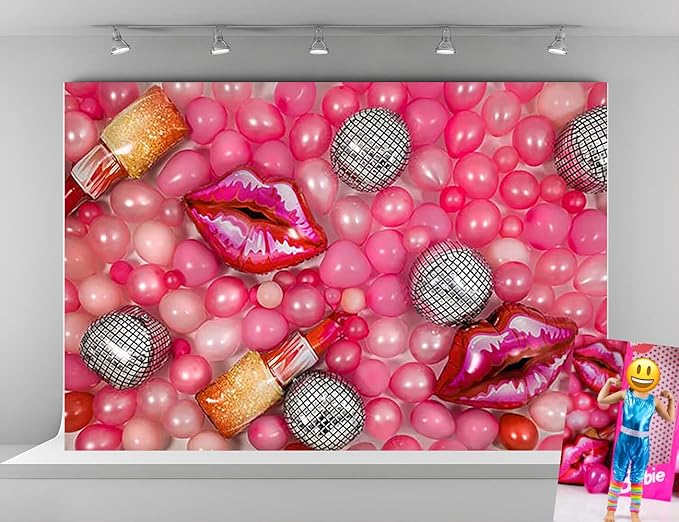 Kate 7x5ft Microfiber Girl Birthday Party Theme Photography Backdrops Colorful Balloons Background Lips and Lipstick Background Birthday Party Banner Backdrop