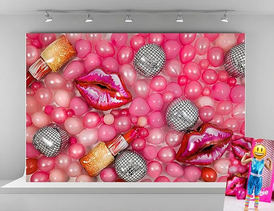 Kate 7x5ft Microfiber Girl Birthday Party Theme Photography Backdrops Colorful Balloons Background Lips and Lipstick Background Birthday Party Banner Backdrop